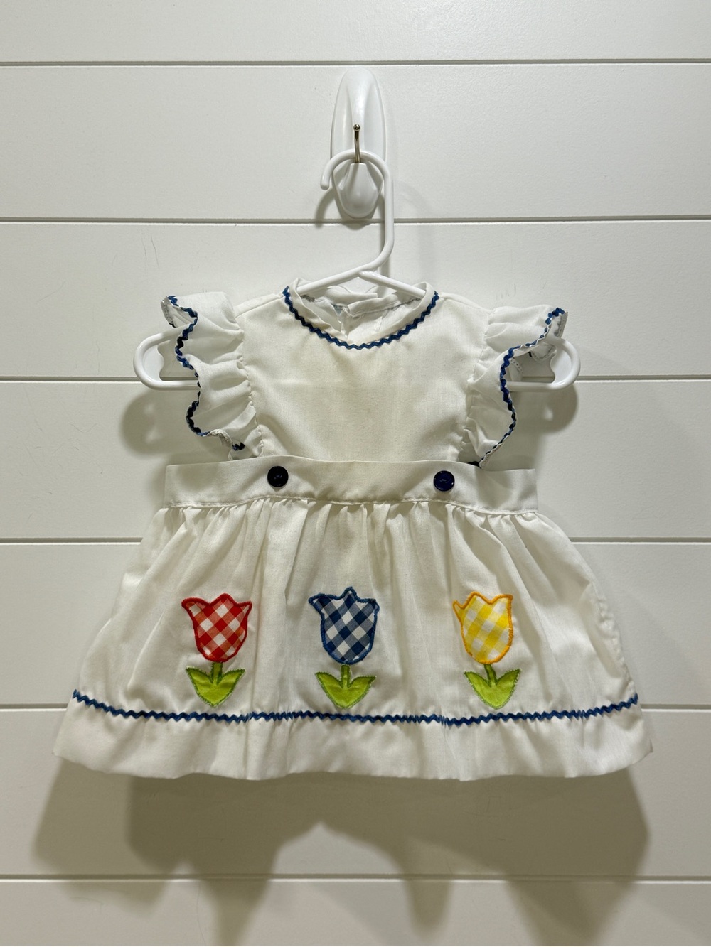 Vintage White Baby Dress with Red, Blue & Yellow Tulip Appliqués